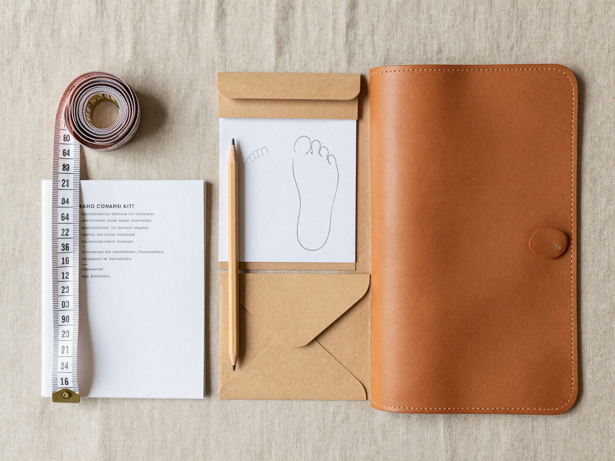 The 23 Tribes measurement kit laid out: cloth measuring tape, illustrated guide, foot-tracing sheets, instructions and a prepaid return envelope